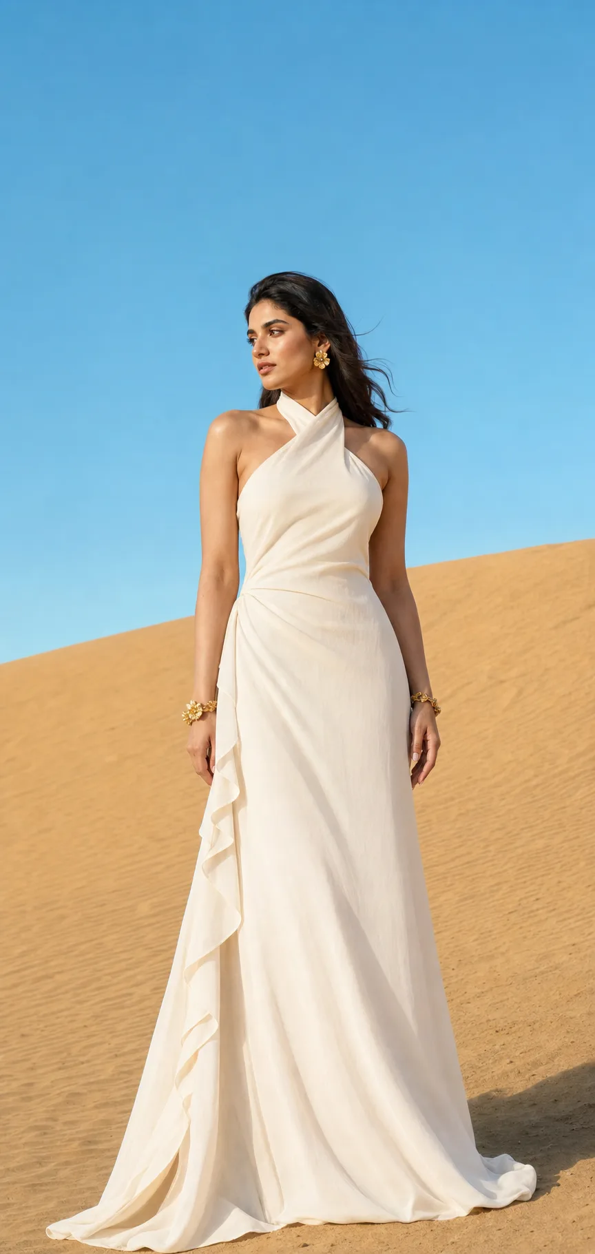 Model wearing an ivory halter gown in the desert